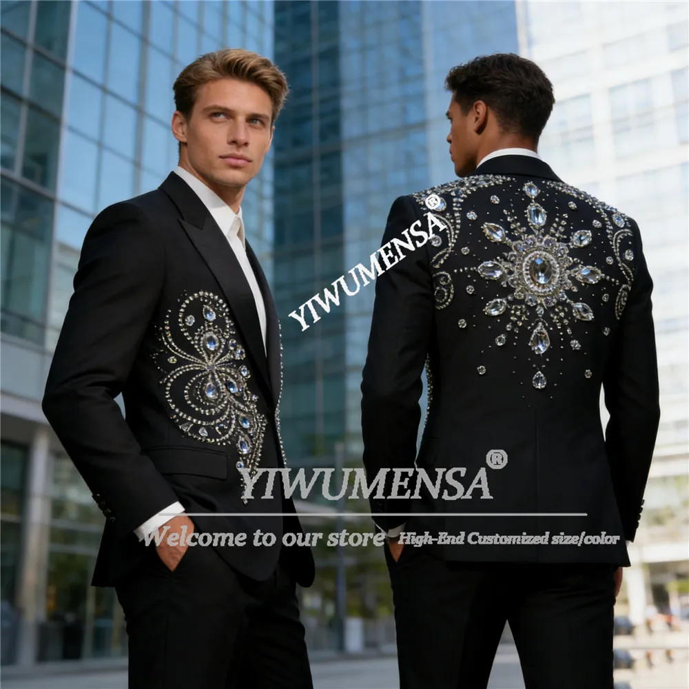 

Мужской костюм с блестящими бусинами и камнями для свадьбы, однобортный пиджак и брюки, комплект из 2 предметов, наряд для банкета, вечеринки, смокинг, роскошный образ