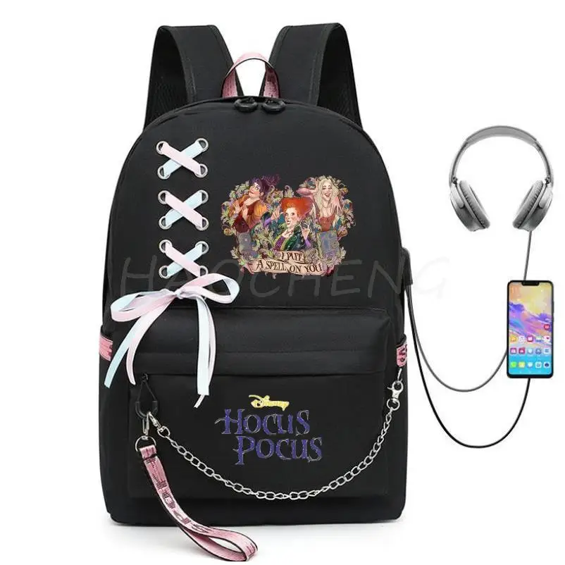 Disney Hocus Pocus 2 Bag Zipper USB Charging Mochila Capacity Backpack Women Kpop School Bags For Teenage Girls Students