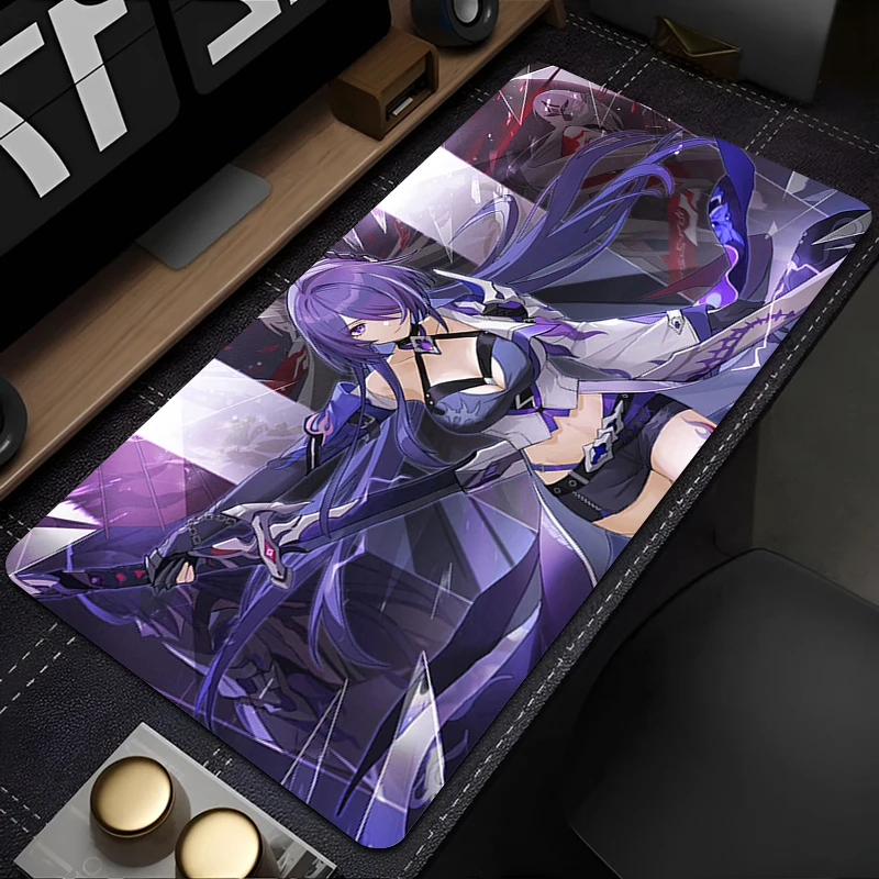 Gaming Mouse Pad, Large Desk Mat, Anti-slip Rubber Base, Stitched Edges, Purple Anime Girl with Sword Print for Gaming