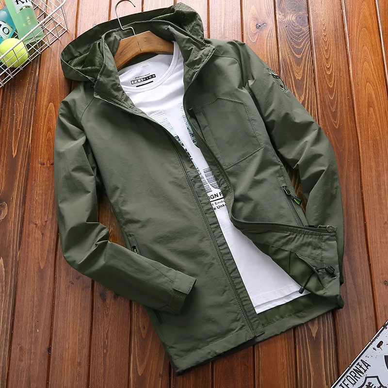 Cargo Jacket for Men Hooded Coats Solid Color Outdoor Top Autumn Windbreaker Lightweight Men Clothing Fashion Thin Breathe Coats