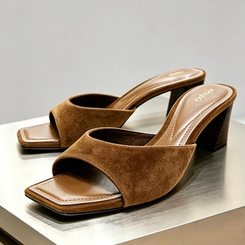 Brown Faux Suede Chunk High Heel Mule Sandals Women Elegant Backless Square Toe Slippers for Ladies Summer Luxury Designer Shoes