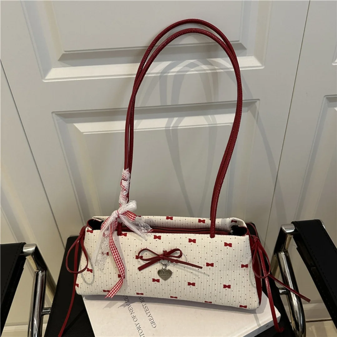 Sweet Girl Baguette Underarm Bag PU Bow Dot Lace Heart Charm Zipper Drawstring Handbag Casual Commute Weekend Date Outfits