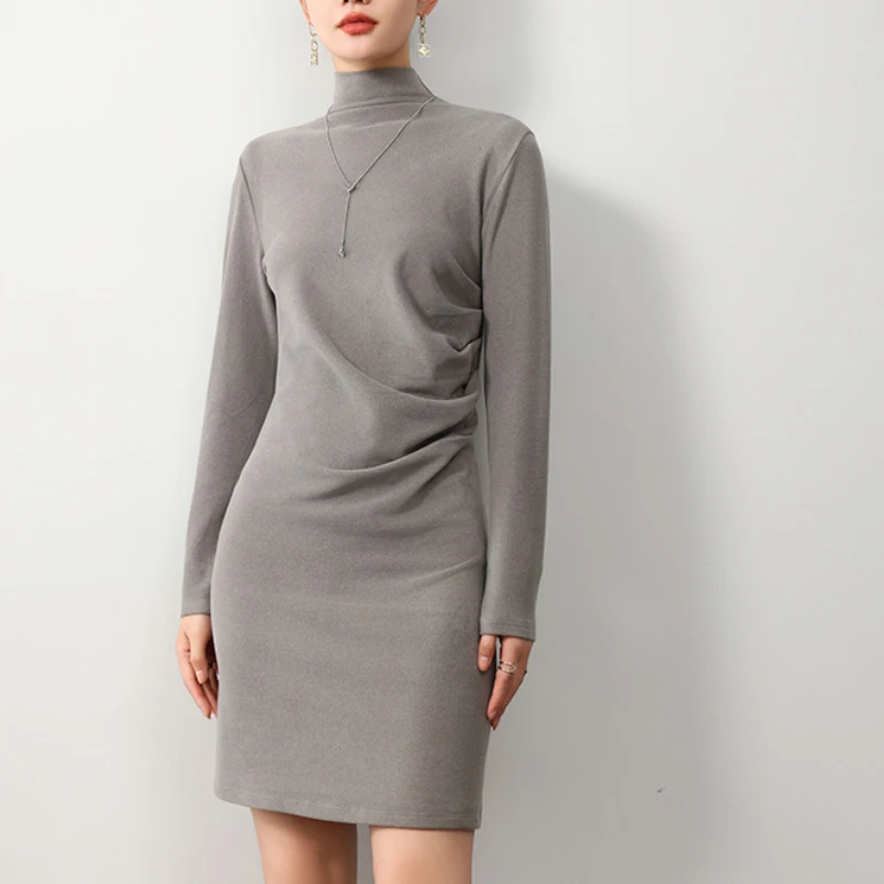 2024 Autumn Winter Women New Style Double Side Brushed Derong Knitted One-piece Solid Mid-length A Half-high Round Neck Dress