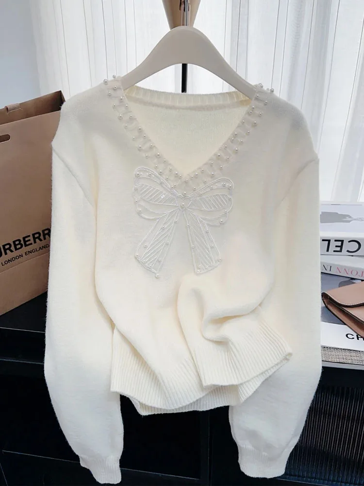 

Gentle And Sweet Pink Sweater Women's Autumn Knit Long Sleeve Ladies Knitted Tassel Bow Lovely Pullover 2025 New Knitwear Tops