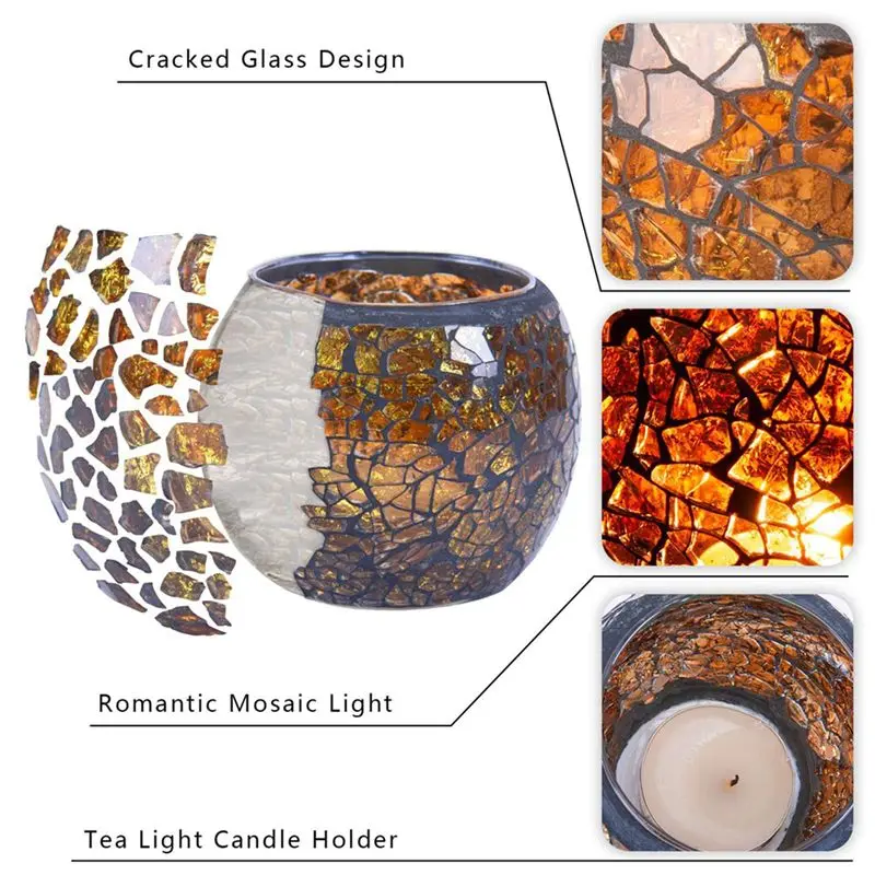 B79B Mosaic Glass Candle Holder, 12 Pcs Handmade Tea Light Candle Holder, Romantic Shattered Glass Votive for Wedding Party