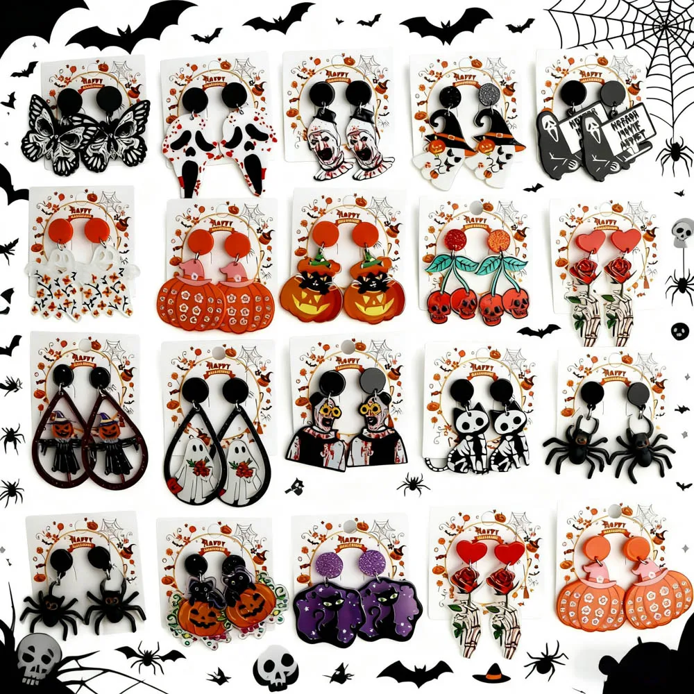 10/20Pairs/Lot Halloween Gothic Spider Skeleton Pumpkin Stud Earrings for Women Men Hip Hop Cool Party Gifts Jewelry Accessories
