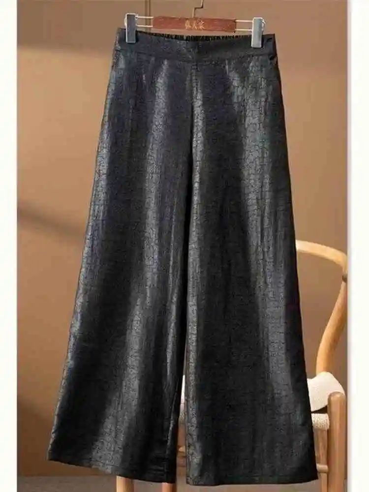 Spring Summer Women's Elastic Waist Loose Wide Leg Pants Ancient Method Xiangyun Silk Casual Slimming High Waist Zipper
