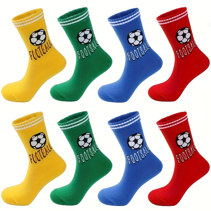 4 pares de calcetines para niños, patrones de letras deportivas de fútbol, calcetines a media pantorrilla a rayas Trendyy y versátiles para niños y niñas, adecuados para la vida diaria