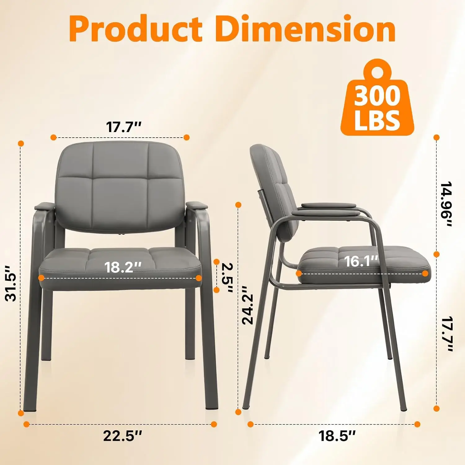 Gray Leather Waiting Room Guest Chair with Padded Arms, Wheel-Free Design for Office Reception and Conference Desk