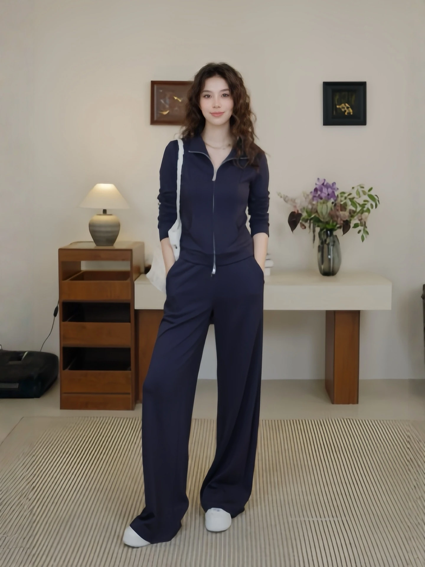

Nana High Heel Dmx Lazy Style Women's Double Zipper Knitted Cardigan Slim Straight Pants Casual Two-Piece Set Fashionable Com...