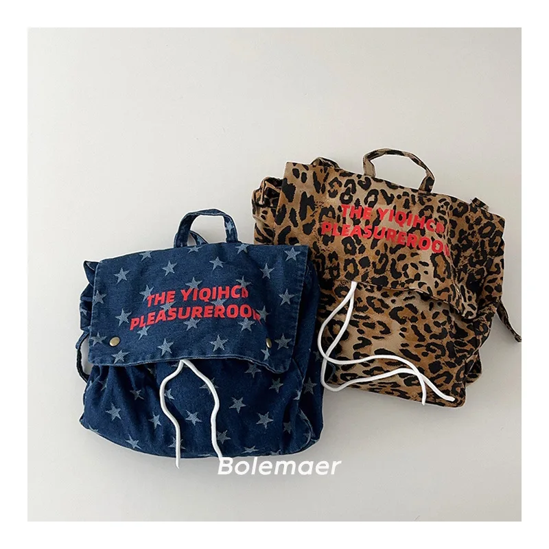 Fashion Kids Backpack Star Print Denim Backpack for Boys Girls Leopard Print Backpack for Girls Kid Bag