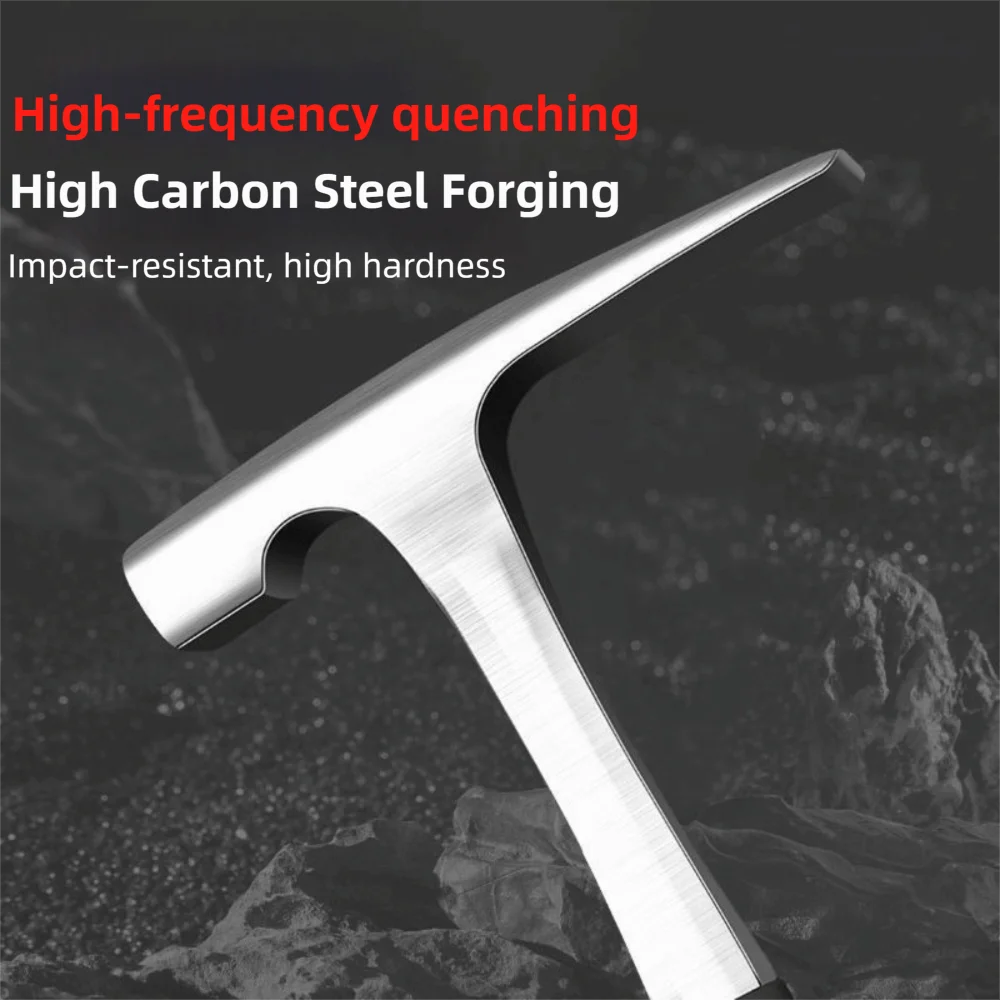 Martelo Geológico de Aço Carbono de Alta Qualidade com Acabamento Escovado para Exploração ao Ar Livre, Martelo de Picareta para Rocha, Exploração de Minas, Cabo de Borracha Antiderrapante