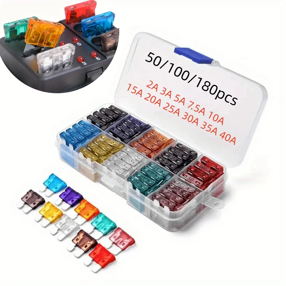 

50/100/180Pc Standard Car Fuses Assorted Kit 2A 3A 5A 7.5A 10A 15A 20A 25A 30A 35A Car Blade Fuses for RV/Truck/SUV Wear Parts