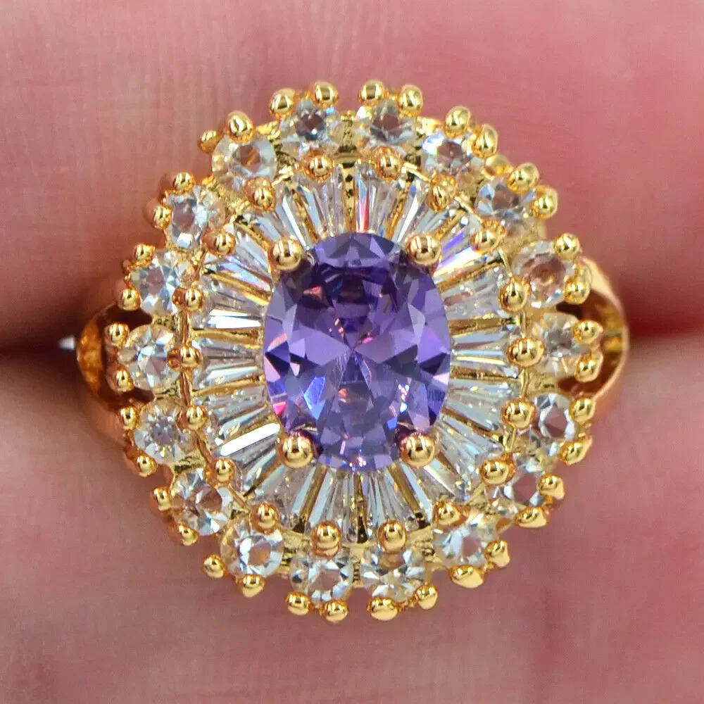 Fashion Gold Color Women Luxury Purple Oval CZ Wedding Ring Jewelry