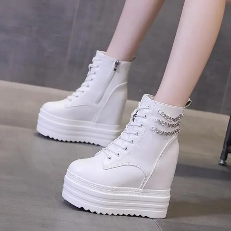 جديد النساء حذاء من الجلد الجلود سميكة وحيد دراجة نارية الأحذية الإناث الخريف الربيع سلسلة 12 سنتيمتر أحذية منصة عالية امرأة بوتاس Mujer