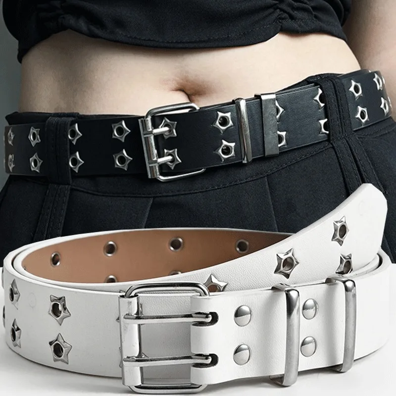 110cm Waist Belt Y2K Punk Rivet Leather Belts Women Men Star PU Black White Waist Strap Double Row Hollow to Jeans Skirt Decor