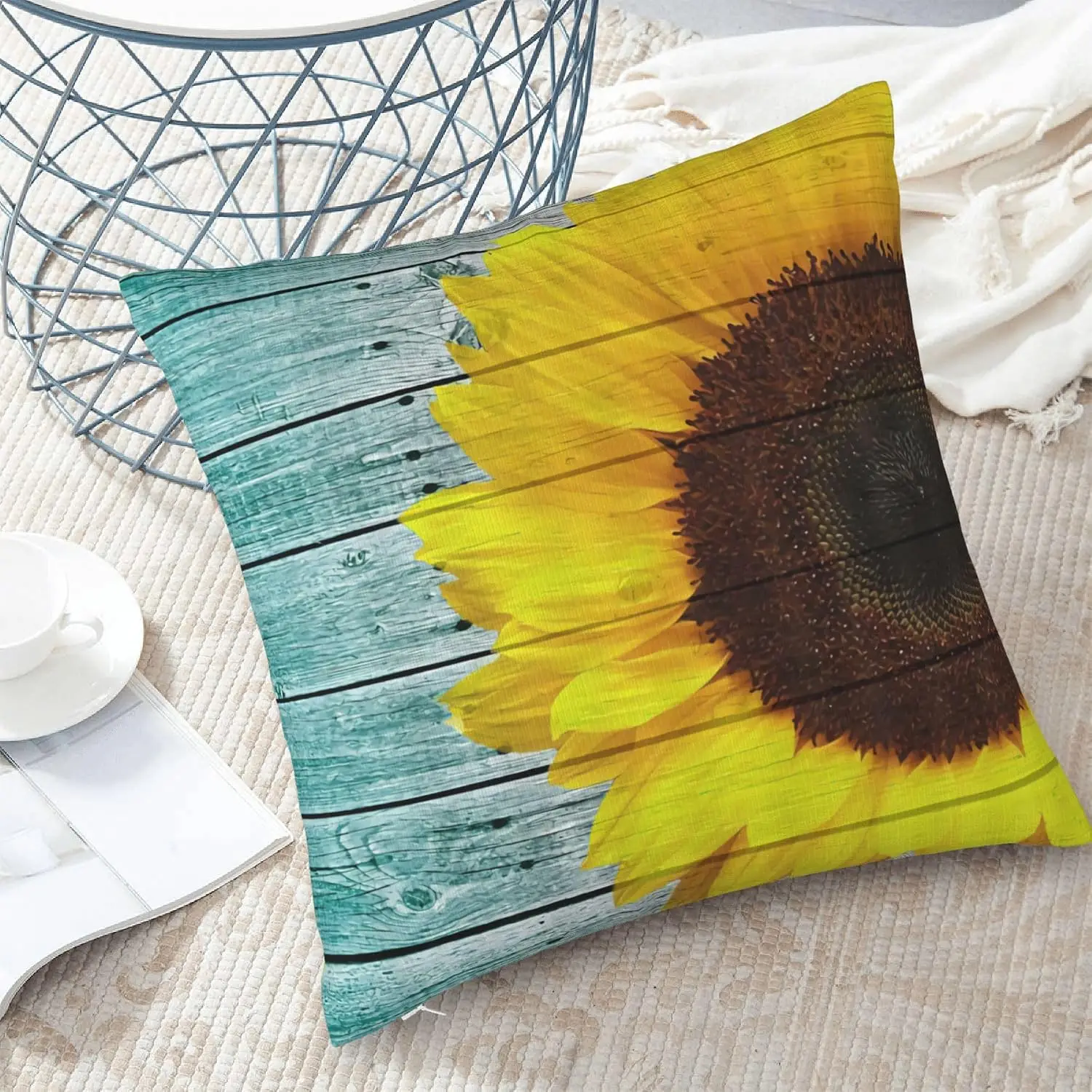 Rustic Sunflower Throw Pillow Cover, 18x18 | Rustic wooden plank background • Yellow and teal sunflower print • Bright farmhouse