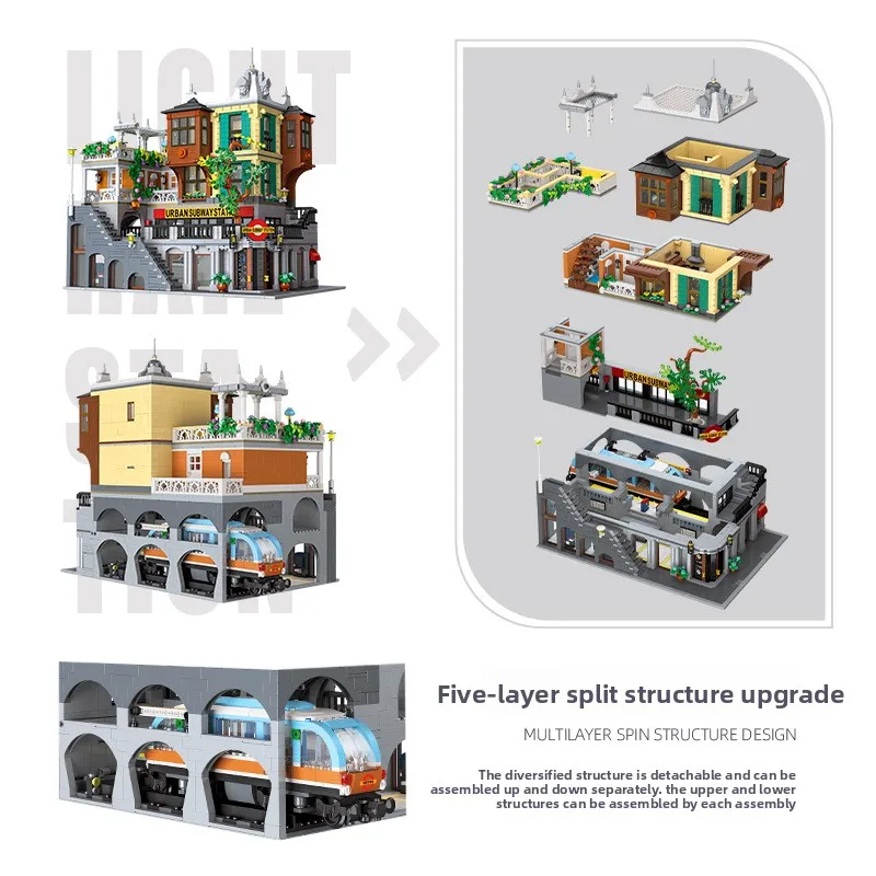 Stacja kolejowa miejska i odwrócona księgarnia: Seria architektoniczna \"Uliczny widok miejski\" Klocki konstrukcyjne Model kreatywny