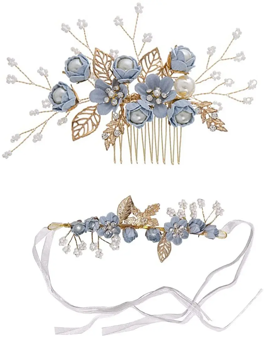 

NEW 1Set Women Blue Flower Hair Combs Headdress Prom Bridal Wedding Hair Accessories Gold Leaves With Hand flower