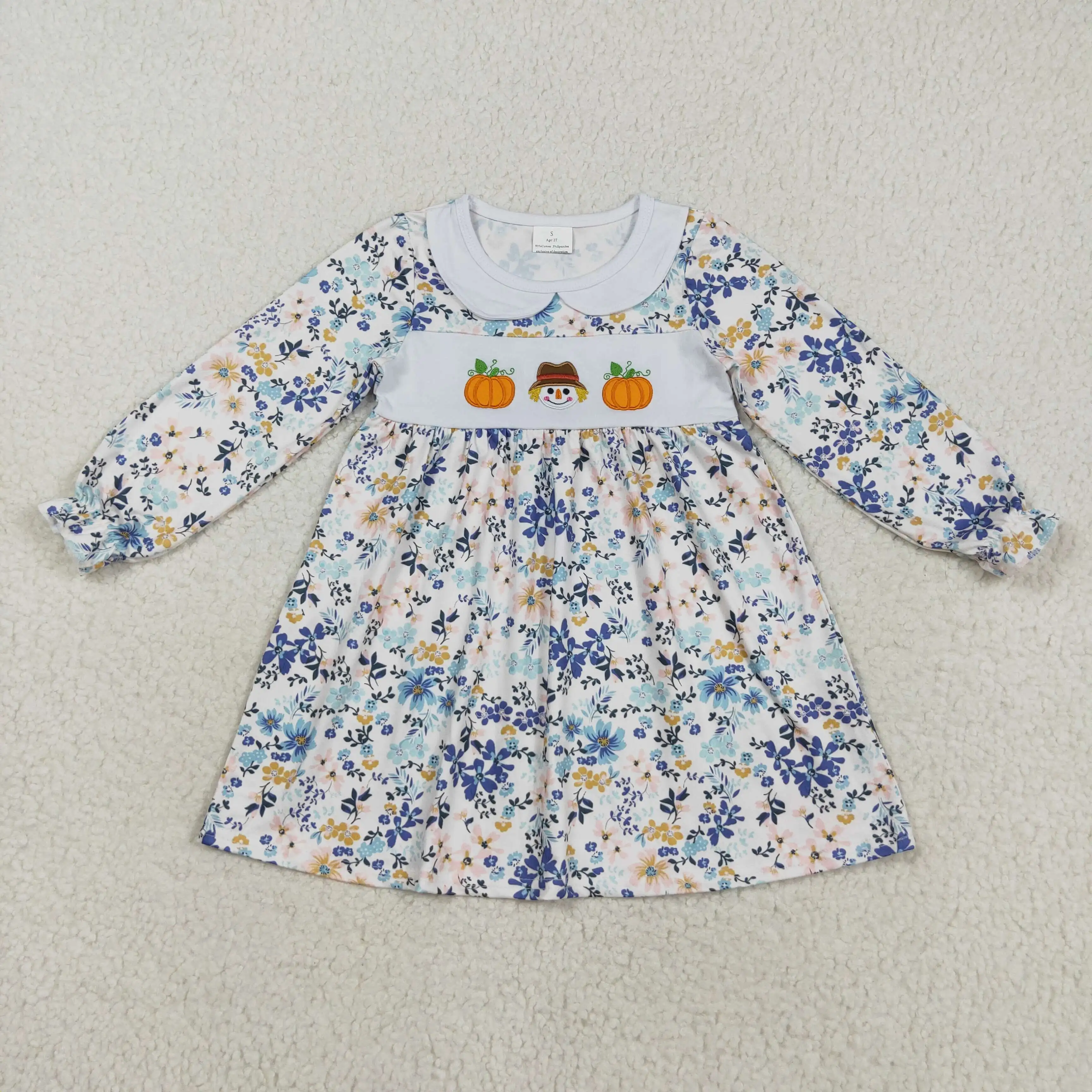 

8.21y Thanksgiving Baby Girls Dress Embroidered Pumpkin Scarecrow Flower Pattern Collar Long Sleeve Boutique Wholesale