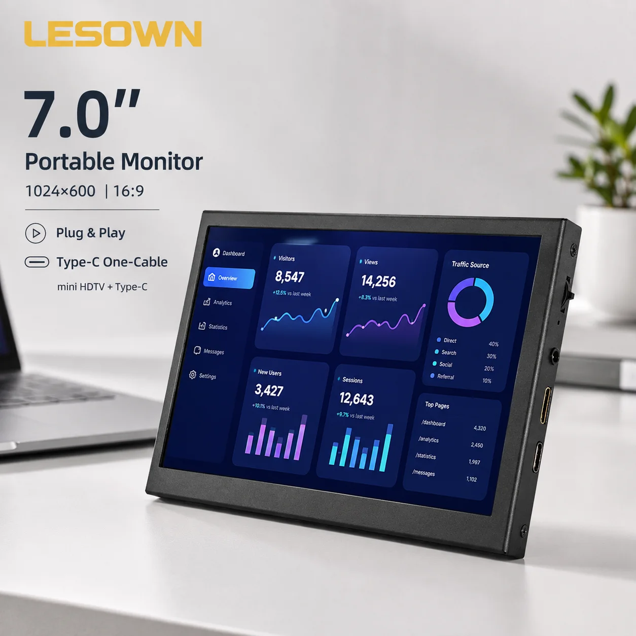 LESOWN IPS 7 Inch Display HDTV Portable Screen Plug and Play for Digital Art Photo Frame Driver-free Easy Touch Set
