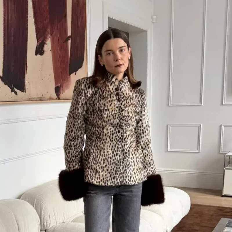 Vintage Animal Print Stand Collar Jacket Women Chinese Style Buttons Faux Fur Cuff Slim Coats Fall Winter Party Daily Outerwear