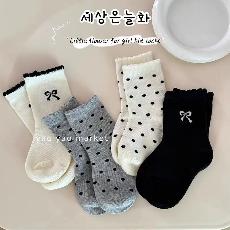 2025 Spring and Autumn New Sweet Girl Black and White Grey Middle Socks Polka Dot Bow Girl Socks Cotton