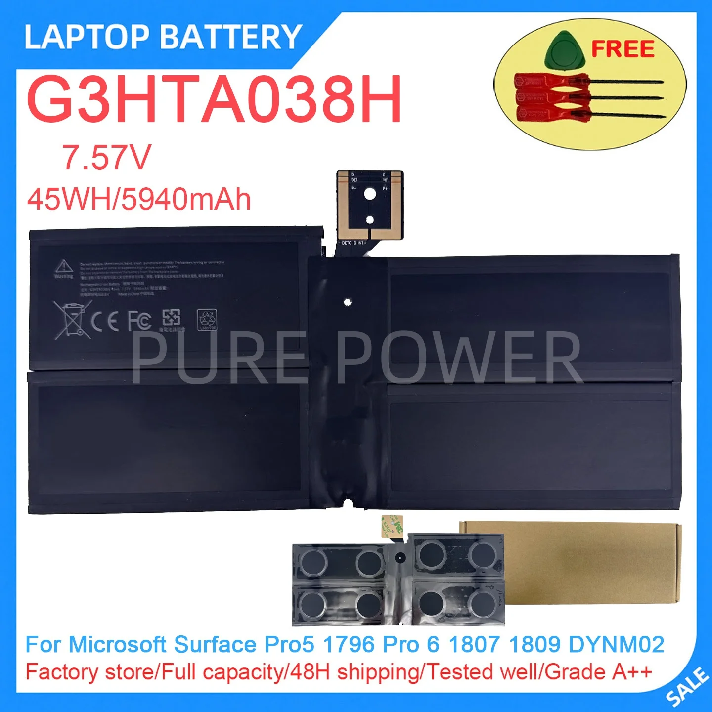 New Laptop Battery G3HTA038H 7.57V 45WH 5940mAh High Quality For Microsoft Surface Pro5 1796 Pro 6 1807 1809 DYNM02