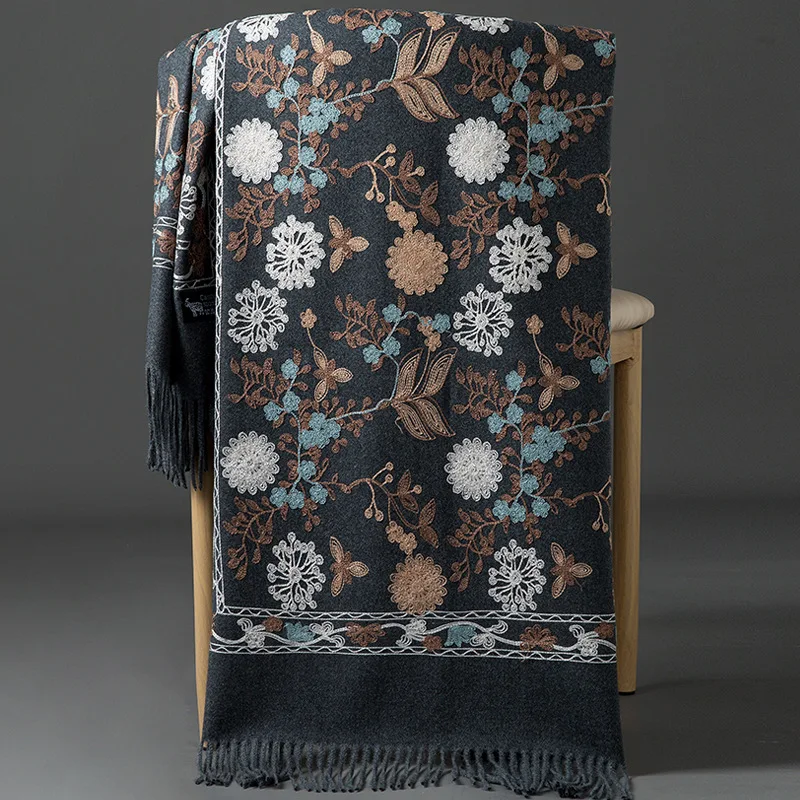Luxury Floral Embroidered Cashmere Scarf Women Winter Warm Pashmina Shawls and Wraps for Lady Tassels Foulard Bufanda Blanket