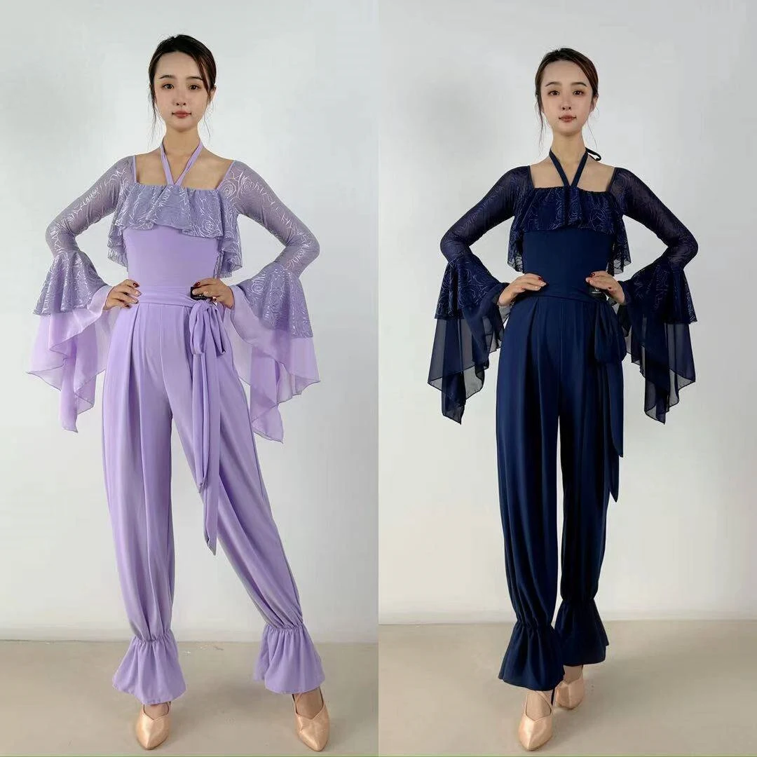 Latin Ballroom Dnace Clothing Flared Long Sleeves Tops Waltz Dance Performance Costume Lace Leotards Tango Dance Wear BL19630