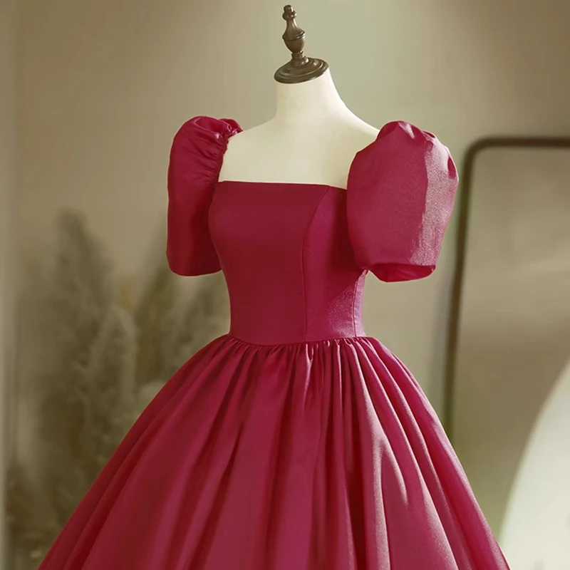 AnXin SH vintage princess wine red satin sweetheart short puff sleeves stage ball gown lace up party customized evening dress image 6