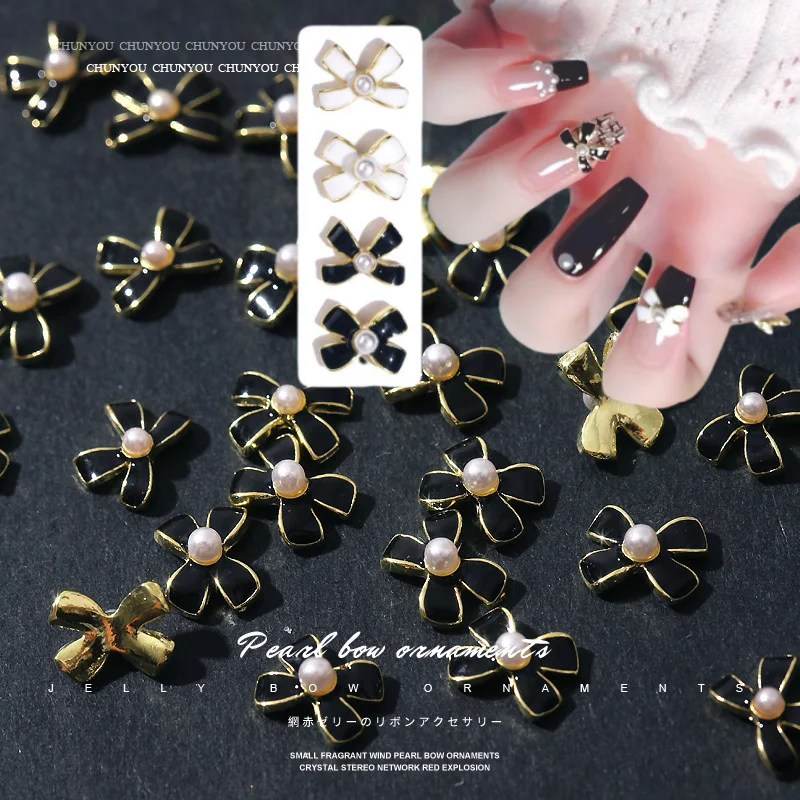 

10PC/bag Nail Charms Pearl Bow Chain Nail Art Decor Bow Jewelry Design Luxury Metal Zircon Nail Art Rhinestone Accessories JE124