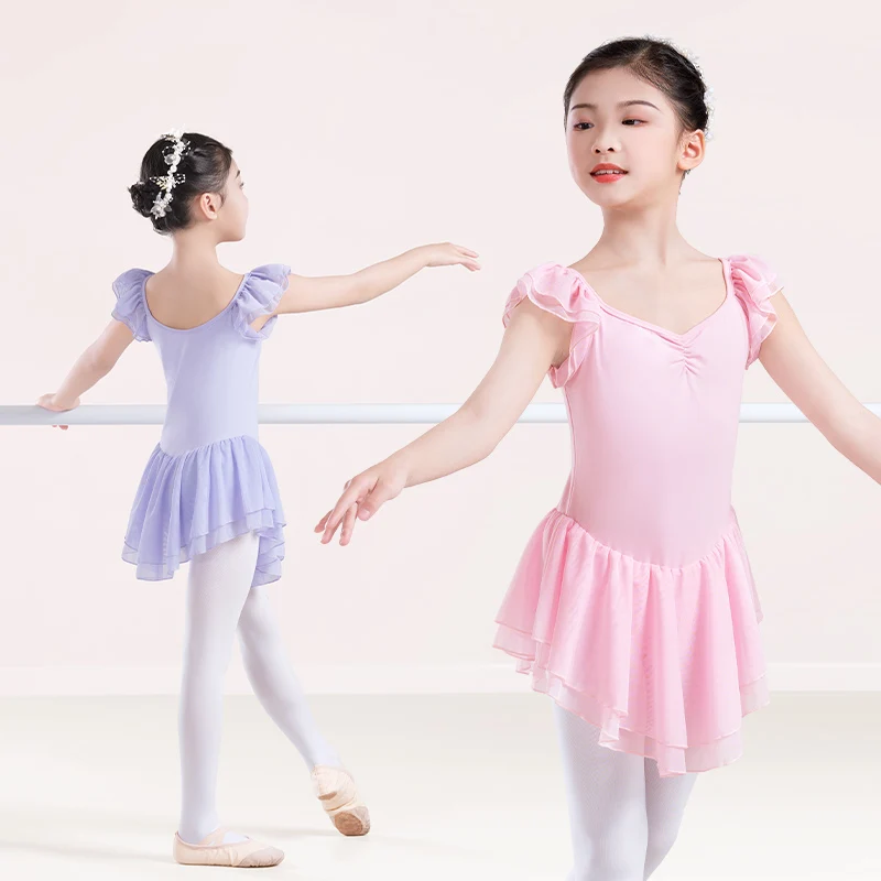 Girls Ballet Leotards Pink Ballet Dress 2 Layers Mesh Dress Ruffle Sleeves Ballet Dance Costumes Cotton Gymnastic Bodysuits