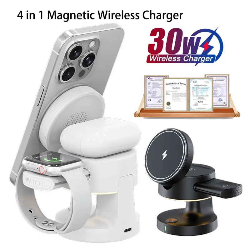 2026 30W 4 in 1 Qi2 Magnetic Folding Wireless ChargerStand For iPhone 17-12 Apple Watch Samsung S24 S22 S20 Fast Charging Dock