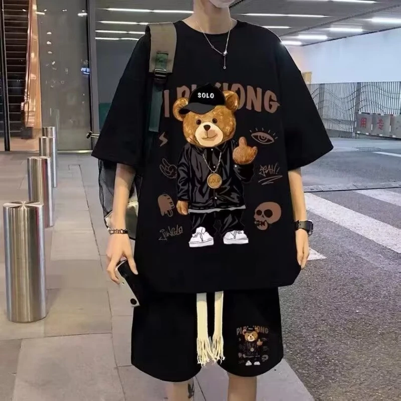 Little Bear Short sleeved Shorts Set M XXXL 5XL Men T Shirts Summer Cotton T-Shirts Breathable Loose Clothes Hip Hop Street Tees