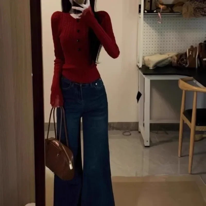 Spice Women Fashion Winter Temperament O Neck Long Sleeve Knitted Sweater Y2k Buttons Slim Women Jumper Vintage Punk Cardigan