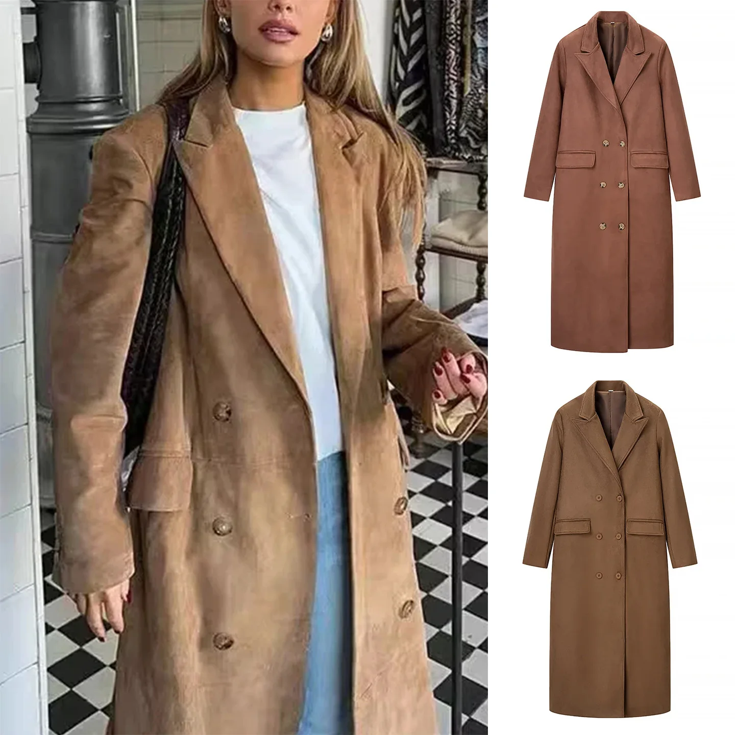 

New Winter Women's Long Sve Double Breasted Suede Coat American Briti Sle Turn-down Collar Mid-length Windbreaker