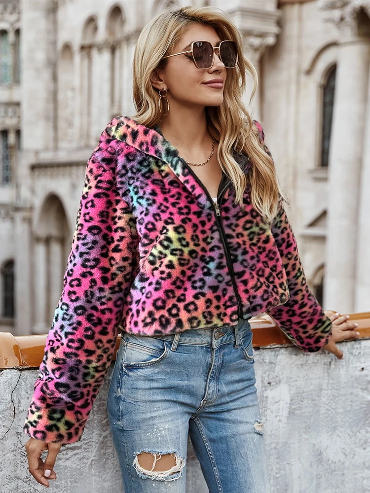 

Women's Jacket Mink Crop Top Fashion Leopard Fleece Cardigan Winter Faux Fur Coat Outerwears Hooded Fluffy