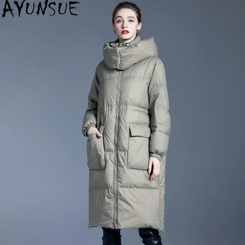 AYUNSUE White Duck Down Puffer Jacket Women Fashion Long Down Coats with Hood 2024 Winter Luxury Clothes Loose Fit Пуховики