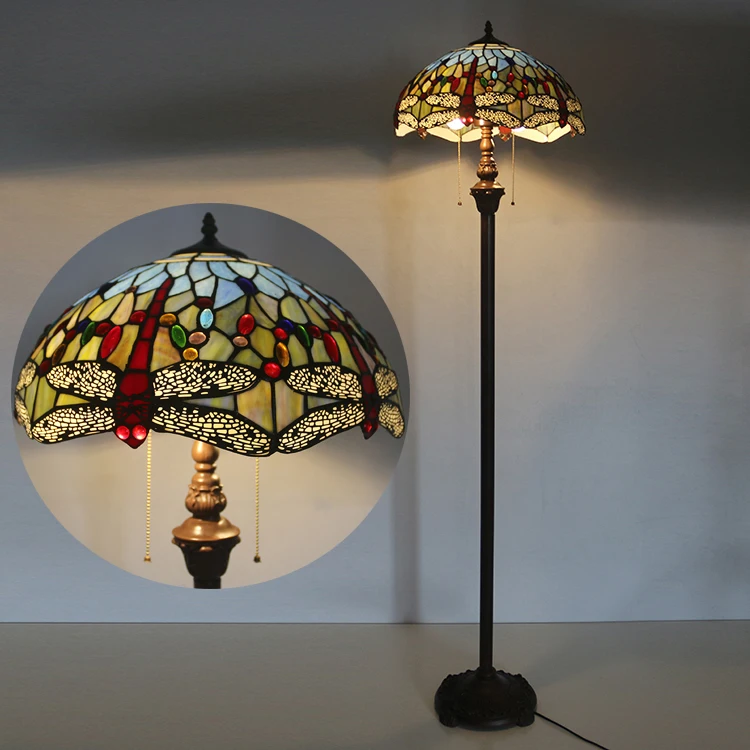 LongHuiJing 16 Inch Tiffany Floor Lamp with Handmade Colorful with Offwhite Dragonfly Pattern Shade