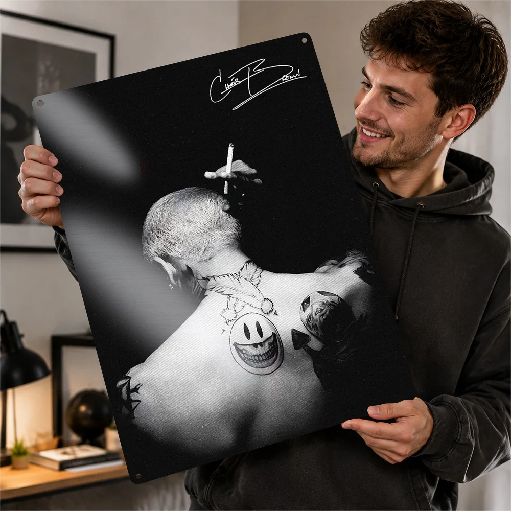 Chris Brown Back Tattoo Portrait Printed Poster Customized Aluminum Metal Sign Retro Vivid Album Culture Wall Art For R&B Fans