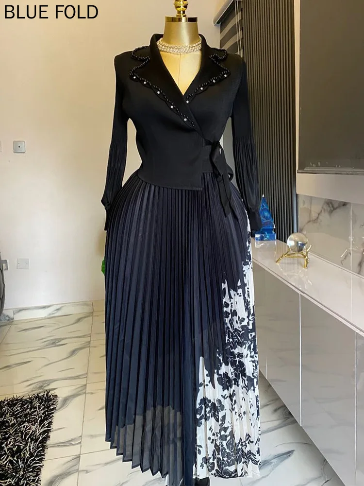 Grote maat Miyake tweedelige set voor dames, geplooid shirt en bedrukte rok, hoogwaardige stijlvolle Sense-outfit