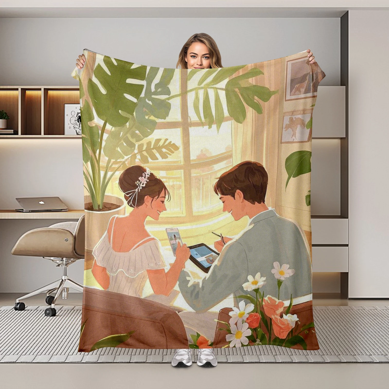 Romantic Cartoon Couple Themed Blanket, Ideal For Newlyweds To Enhance Their Living Space With Love And Joy This Wedding Season.