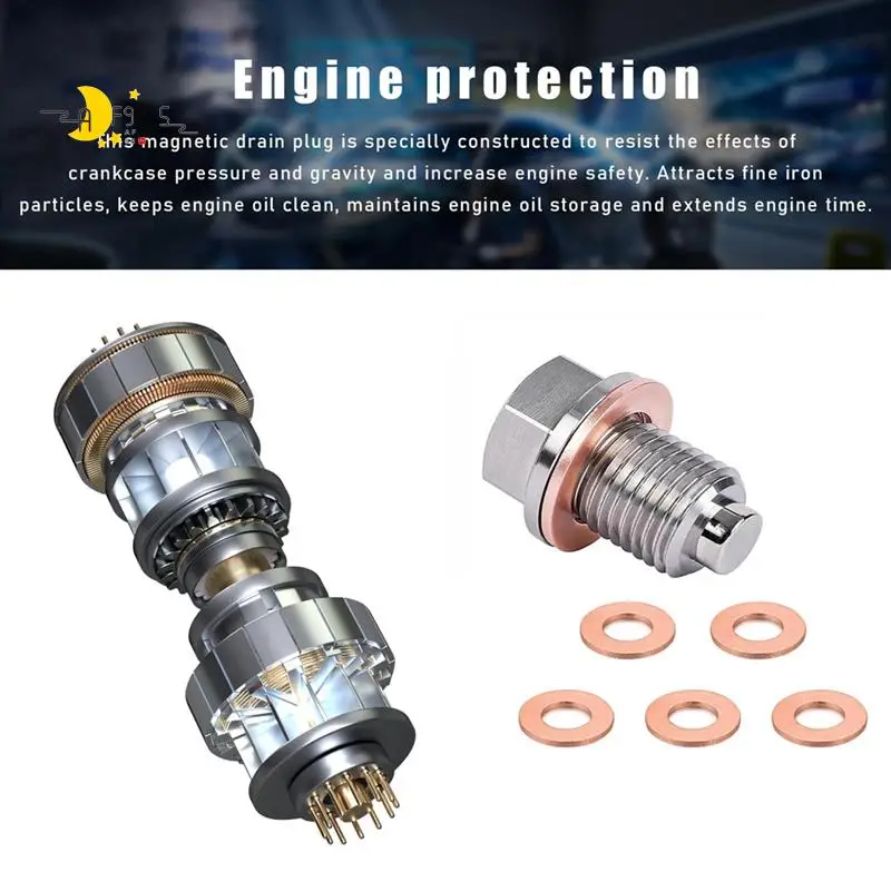 AF95-M14 X 1.5 Magnetic Oil Drain Plug, Sump Drain Nut Bolt With 5 Crush Washer Gaskets,Leak-Proof Oil Drain Plug Replacement