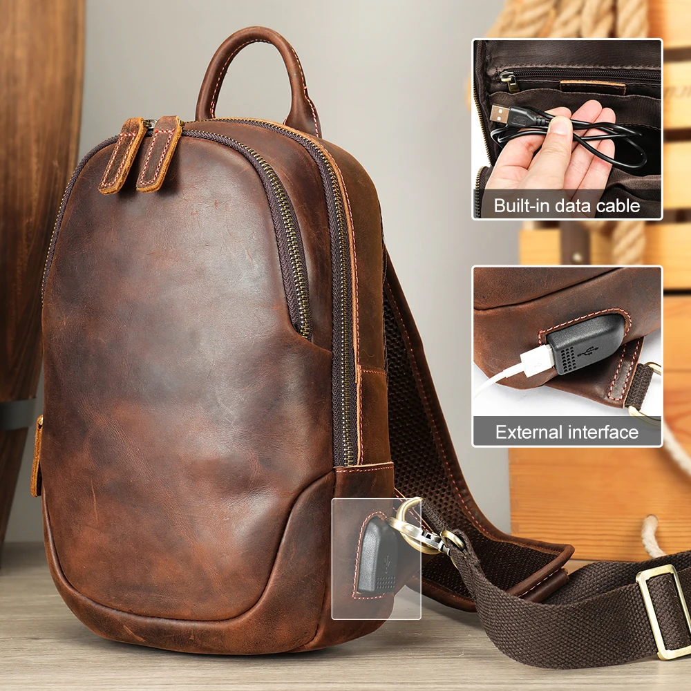 New Brand Designer Genuine Leather Men's Chest Bag Crazy Horse Leather Casual One Shoulder Crossbody Bag With USB Port image 4