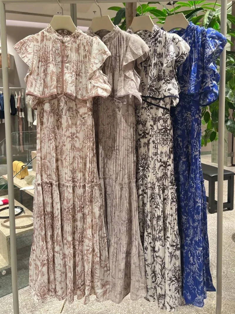 Kuzuwata 2024 Summer Chiffon Printed Dresses Flying Sleeve Ruffled Slim Waist Robe Japan Design Pleated Vintage Elegant Vestidos