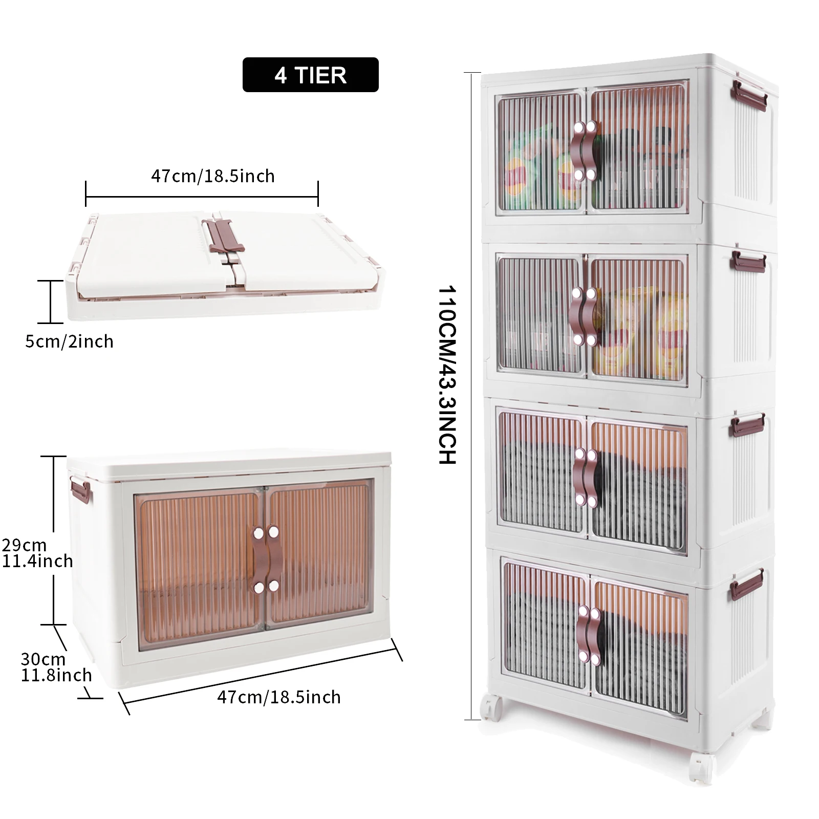 LDECO 4Tier Storage Cabinet with Lids, Foldable Storage Box With Doors, Closet Organizers Containers, Stackable Storage Bins