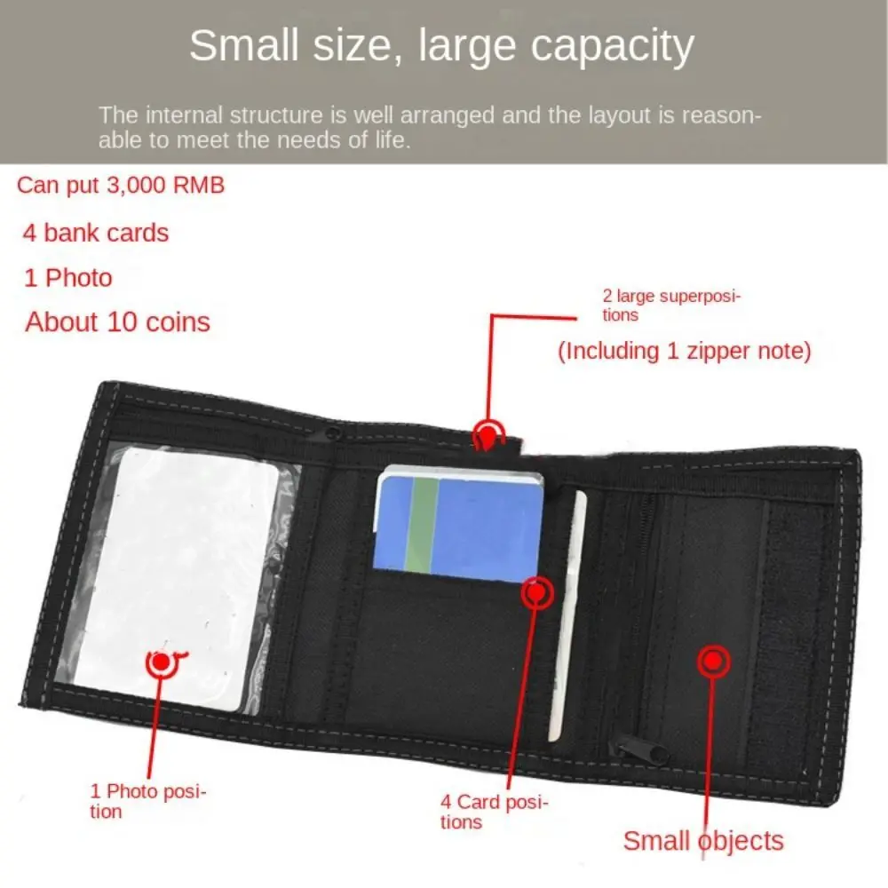 Portable Black Men's Short Wallet Multi-position Touch Fastener 3 Fold Purse Wear-resistant Leisure Male Coin Pocket Daily Use