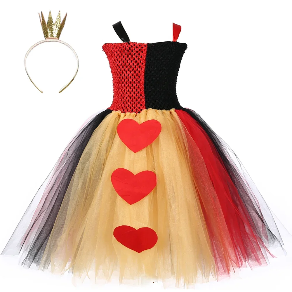 

Red Queen of Hearts Tutu Dress Girls Birthday Carnival Party Dresses Alice Evil Queen Cosplay Halloween Costume for Kids Clothes