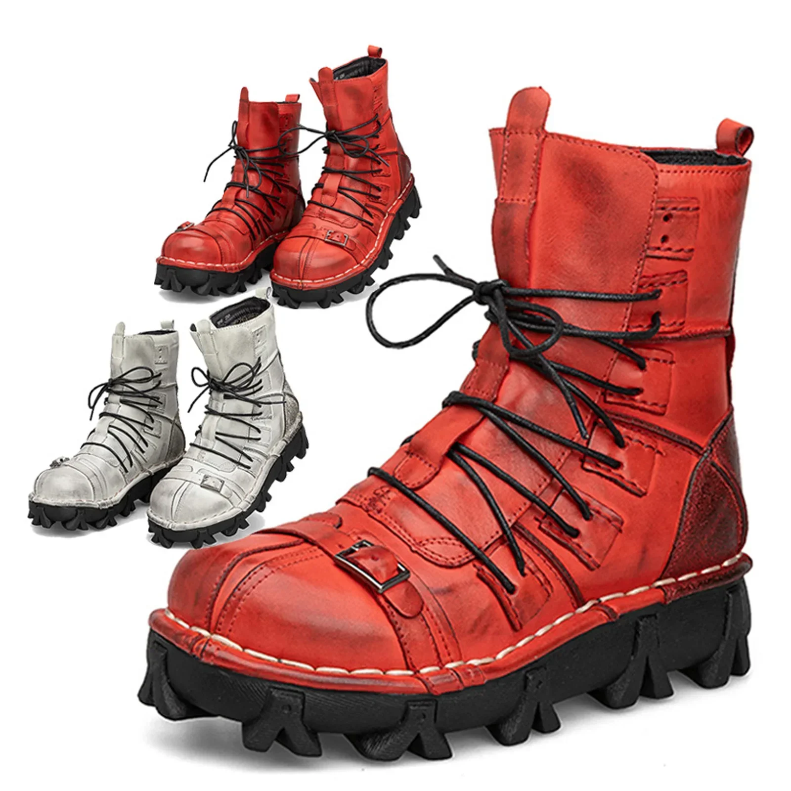 Fashion Genuine Leather Motorcycle Boots Tactical Combat Boots Goth Skull Punk Mid-calf Western Boots Platform Red Grey